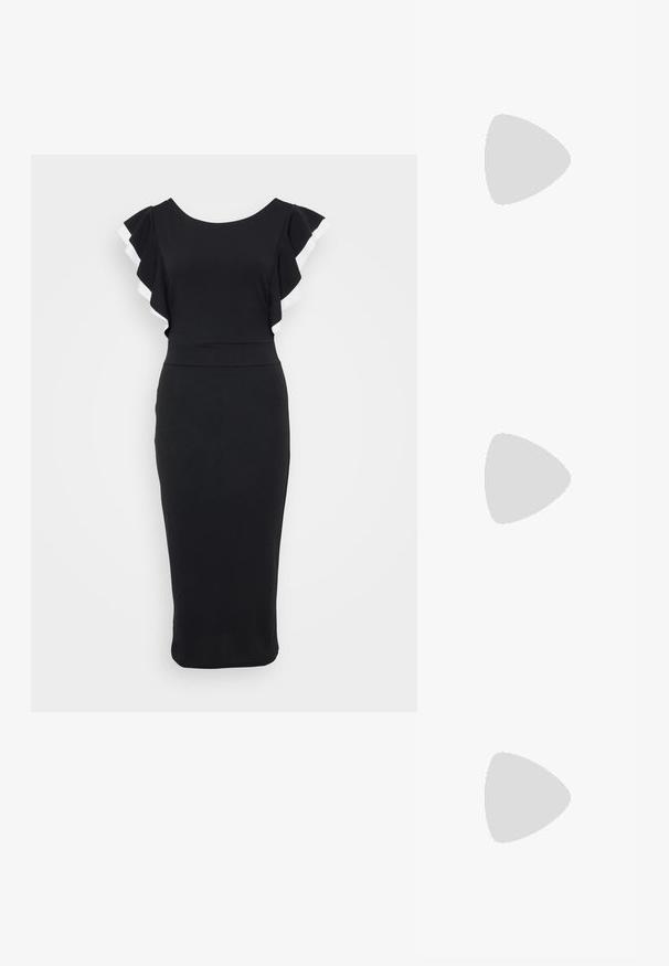 Robe noire avec des manches évasées, en détail blanc, corsage ajusté et une silhouette midi en tissu doux.; Chaussure en cuir noir à talon ouvert avec un bout rond, présentant un cap glossy et un accent doré sur la sangle, maintenue par un petit talon bloc.; Sac bandoulière en cuir noir avec une texture lisse, de forme rectangulaire et un détail en chaîne métallique à l'avant. Sangle réglable incluse.; Bague en argent à double bande avec une surface lisse et polie. Présente un design fluide et courbé avec des sections qui se chevauchent pour un look moderne.