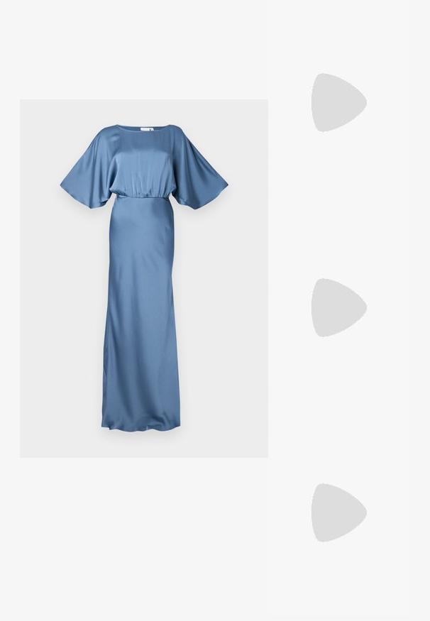 Balta trumpa rankovė t-shirta su tekstūruotu nėriniu ant pečių, apvaliu iškirpimu ir laisvu fasonu. Minkšta medvilnė su subtiliais akcentais ant pečių.; VILA VIENNA RAVENNA - Maksi suknelė - coronet blue; Auksiniai, metaliniai slingback aukštakulniai bateliai su smailiu pirštu ir masyviu kulnu. Lygus paviršius, minimalizmo dizainas ir siaura juostelė.; Juodas odinis krepšys su išlenkta forma, nuimamu dirželiu ir auksiniais detalėmis. Krepšys turi kilpą su sagtimi.; Auksiniai kabančių auskarai, keturios dalys, lygi apdaila, suapvalinta forma, įvairių dydžių, su pasukamu užsegimu, kad būtų lengva dėvėti.