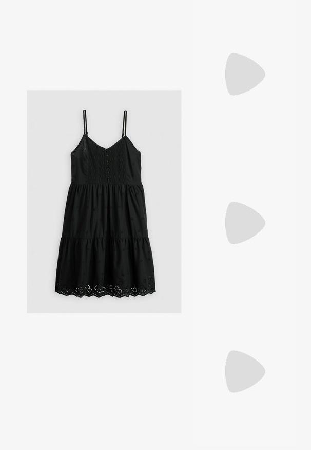 Black dress with adjustable spaghetti straps, textured bodice with a diamond pattern, button closure, and embroidered floral accents on a tiered skirt.; Lightweight white sneakers feature a mesh upper, textured accents, a thick, sculpted sole, and a rubber outsole with a brown tread pattern.; Black rectangular sunglasses with dark lenses. Thick plastic frame, smooth texture, and rounded edges. Stylish temples extend outward.; Gray fabric crossbody bag with a rounded shape, featuring a gathered front design and a thin adjustable strap. Zipper closure at the top.