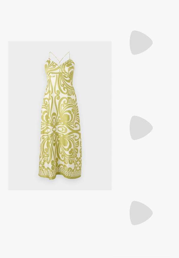 Gaišdzeltena maxi kleita ar sarežģītu tumšdzeltenu paisley rakstu, regulējamām spageti siksnām un plūstošu siluetu.; Neona zaļās augstpapēžu sandales ar kvadrātveida purngalu, plāniem siksniņām, potītes sprādzi un izliekto papēdi. Gluda materiāla ar spīdīgu apdari.; Melnas ādas rokassoma ar izliekta formu, noņemamu siksnu un zelta aksesuāriem. Somai ir vāciņš ar sprādzes detaļu.; Zelta tonī veidotas auskaru piekariņi ar ovālu izgriezumu caurspīdīgām kristālēm, kuras ieskauj mazākas caurspīdīgas akmeņu daļiņas, ar āķveida dizainu drošai valkāšanai.