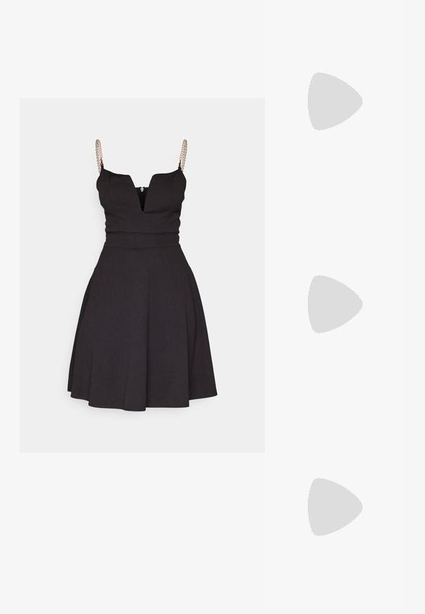 Zwarte A-lijn jurk met een diepe V-hals en spaghettibandjes. Kenmerkt parelaccenten op de bandjes en een getailleerde bovenkant.; Gouden metalen slingback schoen met spitse neus, lichte hak en verstelbare band. Gladde textuur, slank ontwerp en open zijkanten.; Ronde zonnebrillen met donkere glazen en gouden montuur. Het model draagt een lichtblauwe, geribbelde cardigan met knopen en contrasterende witte mouwen.; Michael Kors polsbandje in beige gecoate canvas met een herhaald MK-logo patroon, gouden hardware en een afneembare kettingriem.