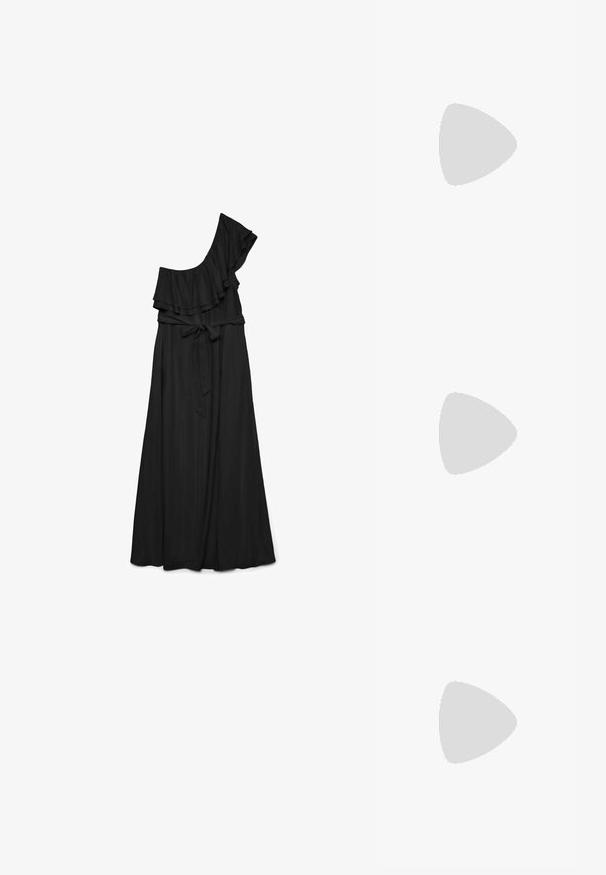 Långärmad, olivgrön topp i ribbat material. Har en draperad design med V-ringning och sidoknappar längs den överlappande fållen.; Svart ensidigt klänning med volangkrage, bältesmidja och flödande tyg för en lång silhuett. Slät textur, inga synliga mönster.; Svarta lackläder slingback klackar med spetsig tå och geometrisk klack. Har en elegant, minimalistisk design och slät yta.; Svart läder tote-väska med två långa handtag, en slät yta och en strukturerad form. Har en framficka för extra förvaring.; Ring i guldutförande med en organisk, vriden design, slät yta och avsmalnande ändar, vilket ger ett modernt, skulpturalt utseende.