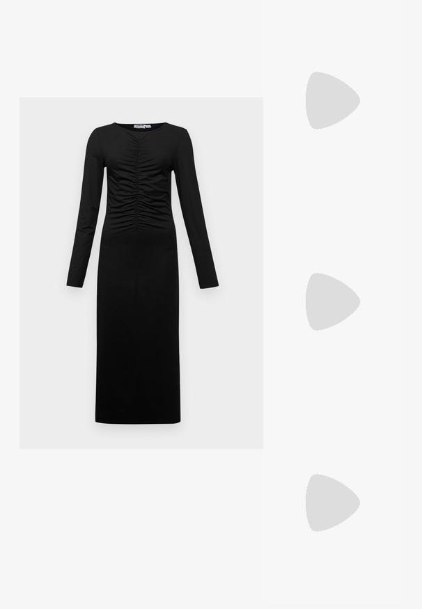 Long-sleeved black dress with a gathered front, featuring a fitted silhouette and smooth fabric, extending to the ankles. Simple, monochromatic design.; Black leather knee-high boots with a pointed toe, flat sole, and minimal stitching. Smooth texture and simple design without embellishments.; Black textured leather handbag with silver studs along the top edge and handles, featuring a short handle and a detachable strap.; Silver flower-shaped earrings with a textured finish, featuring long hooks and petal-like details for an intricate design.