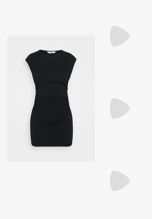 Vestido preto de mangas curtas com decote redondo e detalhe franzido na cintura. Feito de um tecido suave com uma silhueta ajustada.; Sandálias pretas em plataforma com correias ajustáveis, sola de borracha com um padrão de travessão e tecido texturizado para conforto e suporte.; Mala de mão de couro verde-oliva com uma forma arredondada, alças duplas e frente sem costuras. Apresenta uma textura suave e detalhes de costura discretos.; Brincos em metal com tom prateado, apresentando dois estilos: um aro circular torcido e um botão circular liso. A superfície refletiva realça a elegância.