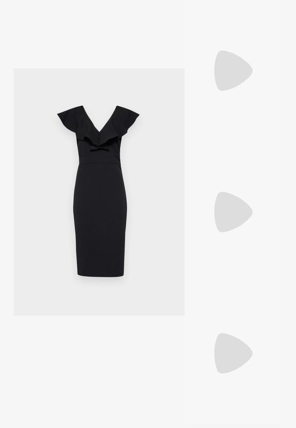 Robe noire ajustée avec un décolleté en V et des manches à volants ; tissu élégant, design arrivant au genou et taille accentuée.; Sandales à talons noires à lanières avec une fine bride autour de la cheville, un design à bout pointu, une semelle texturée et un talon aiguille de 5 cm.; Sac à main en forme de cœur métallique argenté avec deux anses, une chaîne et une texture lisse. Présente des accessoires en métal et des bords cousus.; Boucles d'oreilles en argent avec plusieurs strass clairs, présentant un design en cascade et des surfaces texturées, sur un fond neutre.