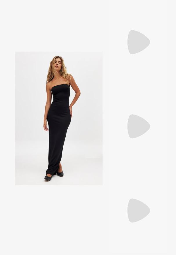 Zwart, strapless, getailleerde maxi-jurk met een gladde textuur en een vloer-lange stijl. Draag met zwarte ballerina's. Eenvoudige, elegante uitstraling.; Zwarte gepatineerde leren instappers met een stevige zwarte zool, voorzien van een gouden gespdetail en een gladde, glanzende textuur.; Cat-eye zonnebrillen met een matte zwart plastic frame, donkere lenzen en een gouden logo-accent op de poot. Hoekig ontwerp en een soepele textuur.; Bruin leren schoudertas met logo-patroon, gouden kettingband, ritsluiting en gouden hardwareaccenten. Compacte en rechthoekige vorm.