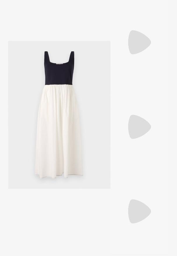 Navy blue sleeveless dress with a square neckline, featuring a white, gathered skirt. Made from lightweight fabric, with visible stitching at the hem.; Black patent leather high-heeled sandal with thin ankle strap and buckle, open toe, and slender stiletto heel on white background.; Black leather crossbody bag with two front pockets, gold buckles, zipper closure, and a slim strap. Textured surface and compact rectangular shape.; Gold-tone metal hoop earrings with a curved, elongated shape. Features a smooth, shiny surface and a rounded tip for added detail.