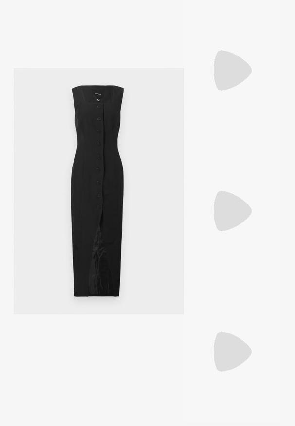 Crna bezrukavna midi haljina s kvadratnim izrezom, prednjim kopčanjem na dugmad i središnjim prorezom, prikazana na običnoj bijeloj pozadini.; Koi Footwear GUILTLESS GHOST LACE UP PLATFORM LONG BOOT - Čizme s vezicama - lilac; Crna kožna torba s lukovitim oblikom, odvojivim remenom i zlatnim detaljima. Torba ima preklop s kopčom.; Zlatne okrugle naušnice s glatkom, sjajnom završnom obradom. Imaju polukružni oblik i sigurni sistem kopčanja na post.