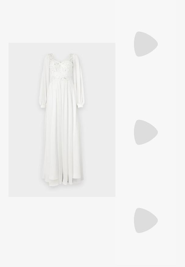 Red long-sleeve top with a V-neck and a central rose detail. Made from smooth fabric with a fitted silhouette. Brand tag visible at the neckline.; Long white dress featuring a lace bodice with embroidery, puffed long sleeves, and a flowing skirt. Smooth texture and lightweight material.; Black suede high-heeled sandal with crisscross straps, a decorative silver-tone accent, and a platform sole for added height.; Silver metallic clutch with an angular envelope design, smooth texture, and contrasting interior color, held in a hand wearing a black coat.