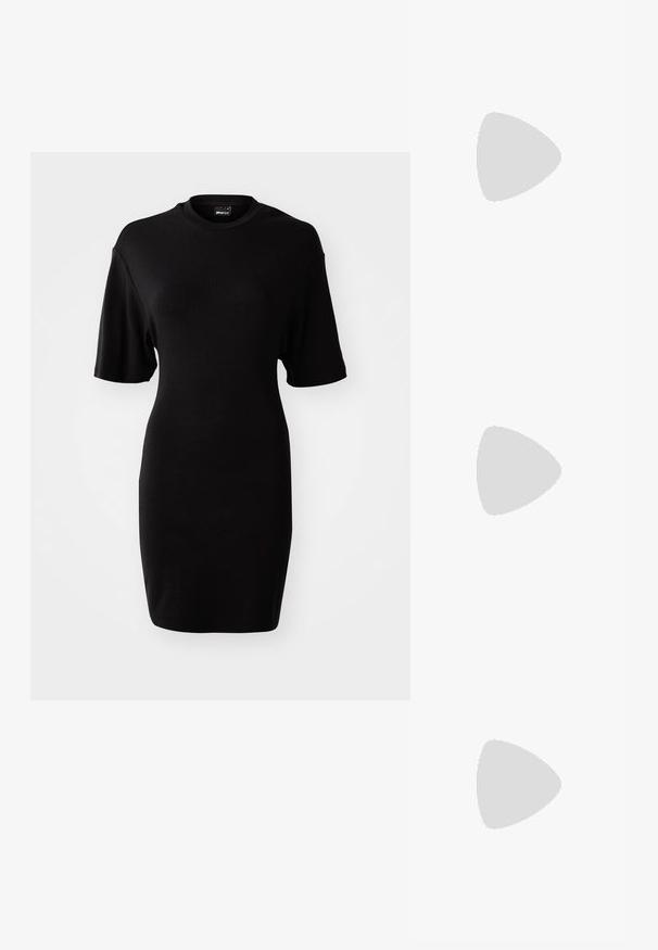 Black long-sleeve top made of soft material. Features a crew neckline and a small logo on the left chest. Smooth texture, relaxed fit.; Black, short-sleeve dress made from soft fabric. Features a rounded neckline and a fitted silhouette with a knee-length hem.; Black leather ankle boots with a chunky sole, lace-up front, and side zipper; features a smooth finish and raised toe cap.; Silver hoop earrings featuring clear, rectangular and triangular crystals arranged in a patterned design. Posts for secure fastening.