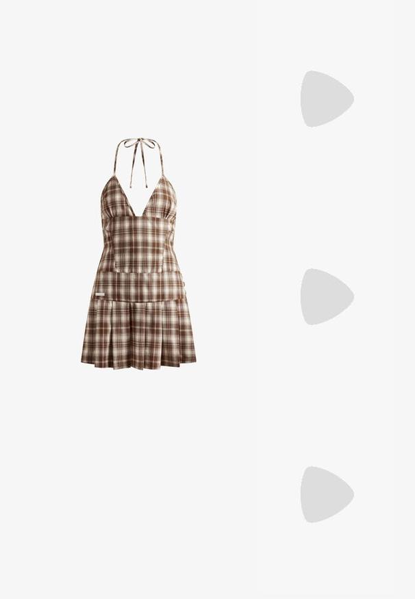 Svart långärmad bodysuit med en omsluten design, med en mjuk textur och en djup V-halsringning. Botten har tanga-täckning.; House of Sunny THE HOXTON CHECK DRESS - Vardagsklänning - multi-colored; Bruna mockaskinnsandaler med två justerbara spännen, korkfotbädd och strukturerad gummisula. Öppen tå och lätt att ta på för komfort.; Svart läderhandväska med en strukturerad design, överhandtag, avtagbar axelrem och detaljer i gyllene metall. Har en framknäppning.; Orrhängen i guldton med en knutdesign. Varje örhänge har en cirkulär klar baksida för säker användning.