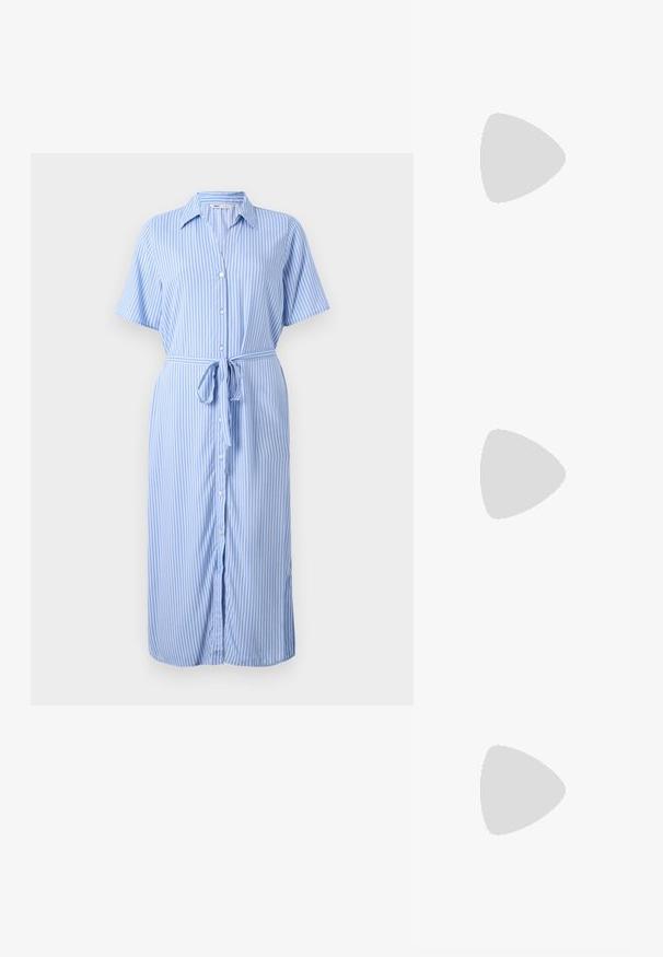 Abito a righe azzurro chiaro con maniche corte, apertura frontale con bottoni, colletto e cintura da annodare in vita. Realizzato in un tessuto liscio.; T-shirt bianca in cotone con una grande grafica di aragosta rossa brillante sul davanti. Maniche corte e design con colletto rotondo standard.; Sneaker alta in tela bianca con suola in gomma nera, punta in gomma frontale e sei asole per i lacci, caratterizzata da un design pulito e minimalista.; Borsa a tracolla in pelle rossa con un design angolare e geometrico. Presenta una singola tracolla regolabile e una chiusura a patta con dettagli cuciti.