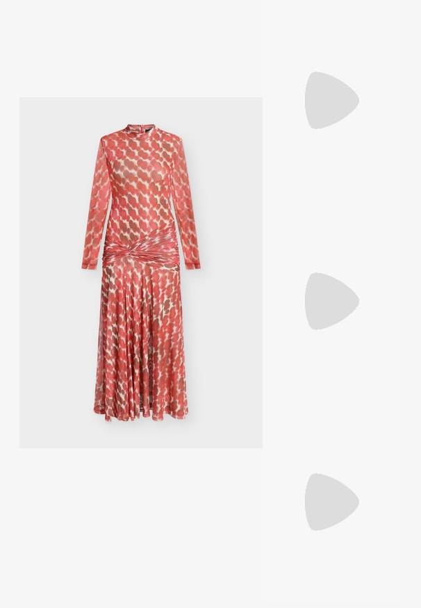 Long-sleeve dress in coral with a textured pattern. Draped bodice and gathered waist. Flowy skirt material, zipper closure at the back.; White strappy high-heeled sandal with a flat toe base, textured front with gathered accents, and a slim ankle strap.; Black handbag with structured shape, smooth texture, and a metallic clasp. Paired with wide black pants and open-toe sandals on wooden floor.; Silver hoop earring with a polished finish, featuring small gold accent details and a round shape, worn on the lobe.