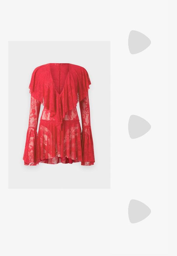 Red lace dress featuring long flared sleeves, a deep V-neck, layered ruffles, and floral patterns. Sheer texture enhances its design.; Even&Odd Cowboy/Biker boots - black; Tortoiseshell sunglasses with a rounded, chunky frame and brown lenses. Features subtle patterns and straight, tapered arms.; The Kooples SAC - Handbag - black