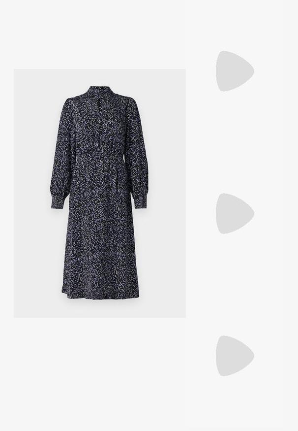 Rochie neagră cu mâneci lungi, ornamentată cu un model floral în nuanțe de albastru și alb. Dispune de o guleră și o talie strânsă pentru un fit lejer. Design de lungime medie.; Balerini din piele neagră, vârf ascuțit, design minimalist, textură netedă, toc de mică înălțime, fără hardware sau embellishments vizibile.; Geantă de umăr din piele neagră, cu o textură netedă, formă rectangulară și un detaliu din lanț metalic în față. Include curea reglabilă.; Cercei din aur în stil cerc cu un design texturat, având trei accente de cristal transparent pe o parte, oferind o estetică geometrică modernă.