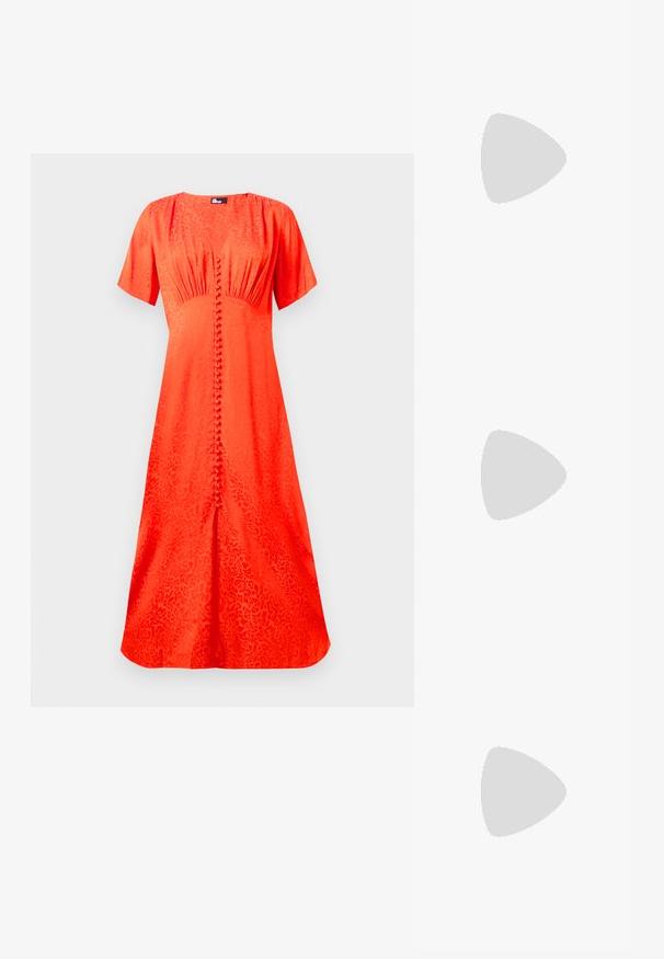 Robe orange vif, à manches courtes, décolleté rond, en tissu texturé avec un motif floral, dotée d'une fermeture à boutons sur le devant et d'une silhouette évasée.; Chaussure slingback en cuir noir avec un bout pointu, des sangles décoratives avec œillets en métal et un petit talon carré. Surface texturée.; Gucci Lunettes de soleil - gold-coloured/pink; Sac à main en cuir noir avec une forme arrondie, doté d'un fermoir ovale doré proéminent, d'une sangle réglable et d'un design minimaliste.