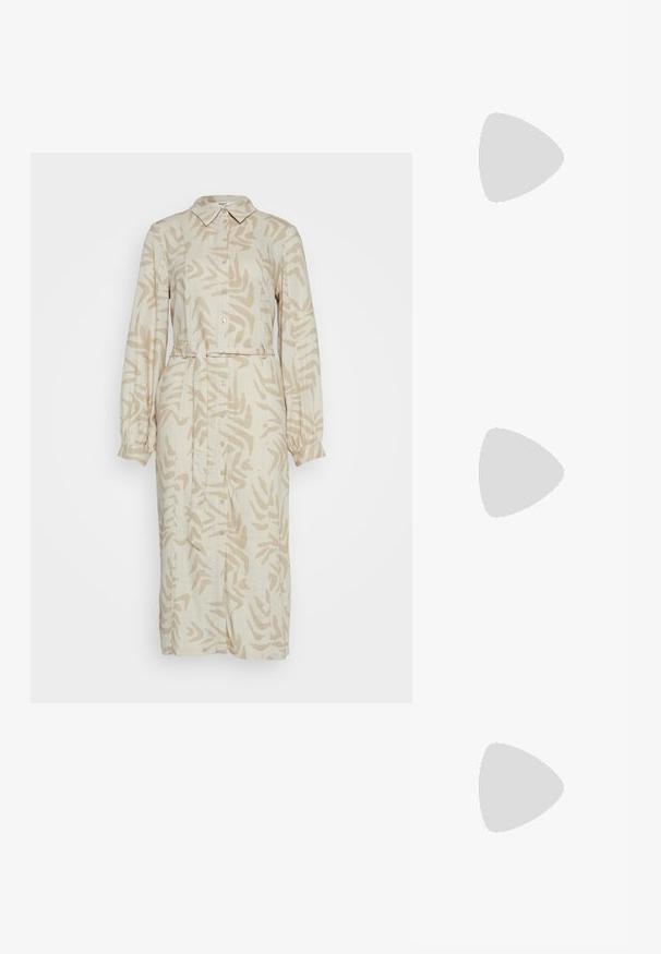 Robe en lin beige avec un motif abstrait marron clair, fermeture intégrale par boutons, col, manches longues et taille ceinturée.; Bershka Sandales à talons hauts - black; Lunettes en écaille de tortue marron avec des verres ovales, des branches fines et des accents transparents. Présente un logo subtil sur la branche. Design élégant et léger.; Sac bandoulière en cuir marron avec une forme incurvée, quincaillerie dorée et un accent en boucle. Comprend une bandoulière détachable.