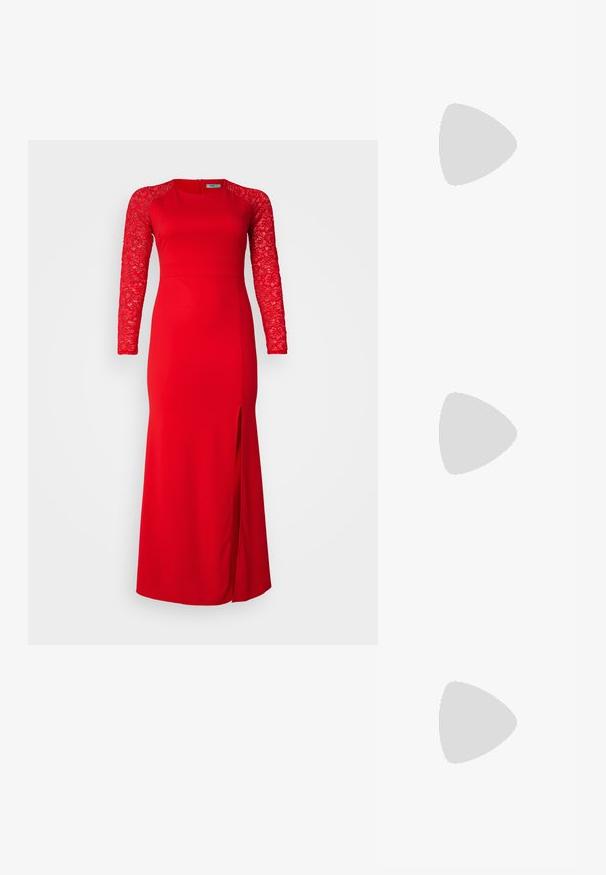 Punane kleit kitsa bodice'iga, pikkade pitsist varrukatega ja ees oleva lõhikuga. Sile kangas, ühtlane värv ja ümmargune kaelus.; Punase madalasaapad kitsaste rihmadega, lukuga ja musta kummist tallaga. Sile tekstuur ja minimalistlik disain, sealhulgas vormitud jalapealne.; Valge nahast käekott, millel on kumer kuju, esiküljel on reljeefne "CK" logo ja üks õlavarre rihm. Ülemine tõmblukkuu.; Hõbedaelne kaelakee, millel on delikaatne disain, väikeste valgete pärlitega ning kuldne ahelapikendus ja lukustus, mis võimaldab reguleerida pikkust.