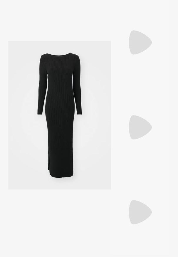 Lång svart ribbad klänning med en figurnära design, rund halsringning och långa ärmar. Har en sidoklyfta längst ner för ökad rörelsefrihet.; Svarta läderankelboots med rund tå, snörning framtill och en tjock gummisula med strukturerat mönster. Dragflik bak.; Svart läderkuvertväska med en klaff och detalj i guldmetallspänne. Innehåller en svart rem och en elegant, minimalistisk design.; Guldiga hoopsörhängen, tunna och runda i formen, med en slät metallisk finish utan utsmyckningar eller mönster.