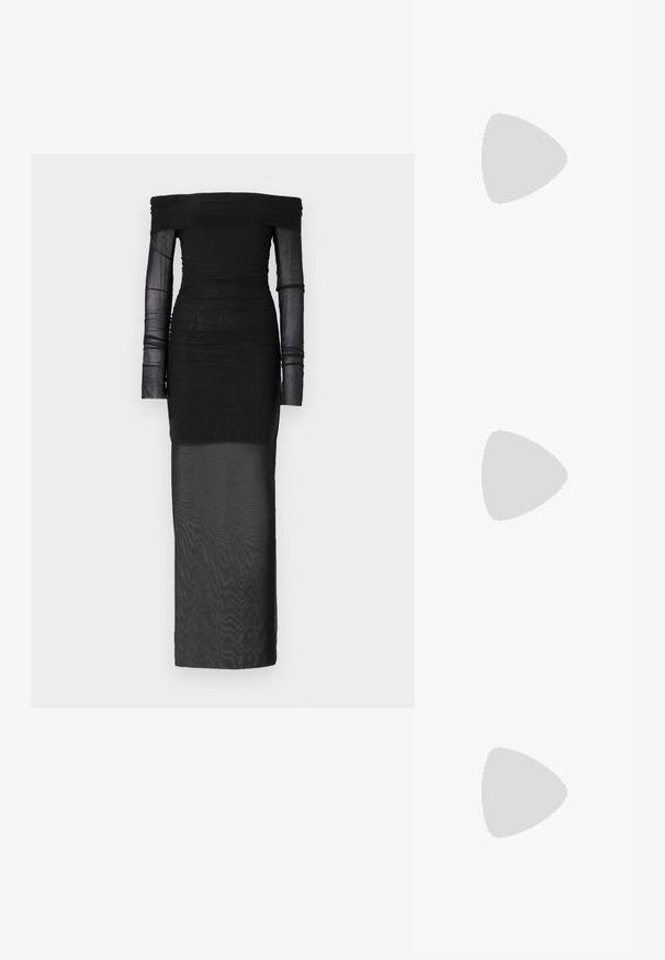 Bec + Bridge SASHAY GATHERED DRESS - Alkalmi viselet - black; Fekete, hegyes orrú, slingback cipő alacsony sarkával, sima bőrből készült, oldalt kivágott deisgnal a légáteresztőképesség érdekében.; Fekete bőr válltáska puha tapintással, háromszög alakú, állítható pánttal, világoskék csíkos inggel és fehér nadrággal párosítva.; Arany fülbevalók sima, kerek formával és fényes felülettel. Finom fém kapoccsal rendelkeznek a biztonságos rögzítés érdekében.