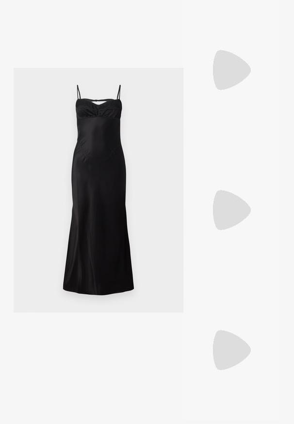 Vestido negro ajustado con tirantes finos, con un escote fruncido y tela suave y fluida. De largo midi con un ligero vuelo en el dobladillo.; Tacones slingback de charol negro con punta afilada, un diseño de corte redondeado y tacón bloque. Incluye un detalle de hebilla en tono dorado.; Gafas de sol negras de gran tamaño con lentes degradados, montura gruesa y detalles de cadena en tono dorado en las patillas.; Bolso negro con superficie texturizada, doble asa superior y correa para hombro ajustable. Presenta herrajes en tono dorado y bolsillos laterales.