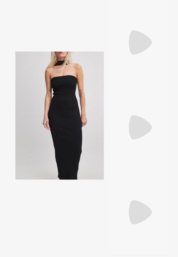 NA-KD Maxikleid - black; Flache Sandalen mit einer honigfarbenen Gummisohle, gestaltet mit drei überlappenden weißen Lederriemen und einem kleinen Schleifendetail in der Mitte.; Braune geflochtene Eimer-Tasche mit einem glatten Lederboden, einem oberen Griff und einem verstellbaren Schulterriemen. Verfügt über goldfarbene Hardware-Akzente.; Stradivarius FLORAL  - Halskette - beige