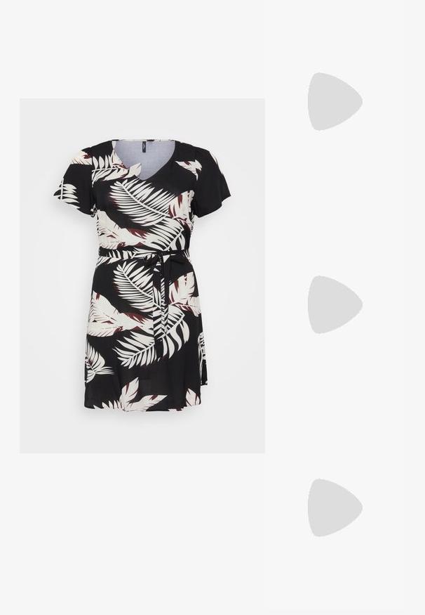 Black dress with short sleeves, V-neck, and belted waist. Features a white and maroon palm leaf pattern on smooth fabric.; Black leather ballet flat with a round toe, features a decorative bow and smooth texture. Minimalist design with a low, flat sole.; Black cat-eye sunglasses with a matte finish, featuring gray tinted lenses, sharp angles, and sleek side arms. Brand name visible on the inner arm.; Silver beaded handbag with a curved handle, rectangular body, and covered in reflective gems, featuring a flap pocket on the front.