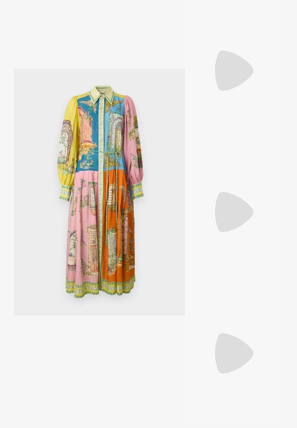 Colorful long dress featuring a variety of patterns in blue, pink, orange, and yellow, with a button-up front and tie waist. Elegant, textured fabric.; White leather sneakers, low-top design, featuring a smooth texture, round toe, laced front, and a small embroidered logo on the side.; Black leather half-moon bag with a gold hardware accent, featuring a zip closure. Worn crossbody over a gray sweater.; Gold-tone knot stud earrings with a twisted design. Each earring features a circular clear backing for secure wear.