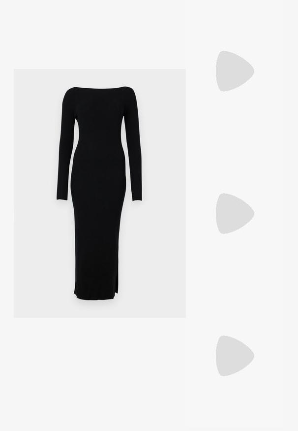 Abito nero in maglia a coste con maniche lunghe, scollatura off-the-shoulder e spacchi laterali all'orlo. Design aderente con una texture liscia.; Scarpa slingback in vernice nera con punta affusolata, cinturini alla caviglia con fibbie in argento e accessori, e tacco sottile.; Borsa a mano metallica dorata con un design strutturato, superficie liscia e tracolla regolabile. Presenta una forma triangolare unica e cuciture minimaliste.; Orecchini in tono oro caratterizzati da forme ondulate eTexture. Comprendono chiusure clip-on scultoree e un design a cerchio aperto con finitura martellata.