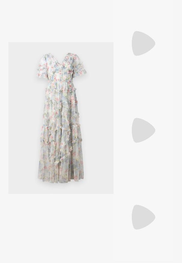 Maxi dress made of sheer fabric with a floral pattern in pastel colors. Features tiered ruffles and short puff sleeves, V-neck design.; Black leather slingback shoe with pointed toe, small heel, and decorative buckle detail on the upper. Smooth texture, minimalistic design.; Black leather crossbody bag with two front pockets, gold buckles, zipper closure, and a slim strap. Textured surface and compact rectangular shape.; Gold-tone earrings featuring a rectangular, clear crystal dangling below a row of small, round clear accents. Sleek, modern design.