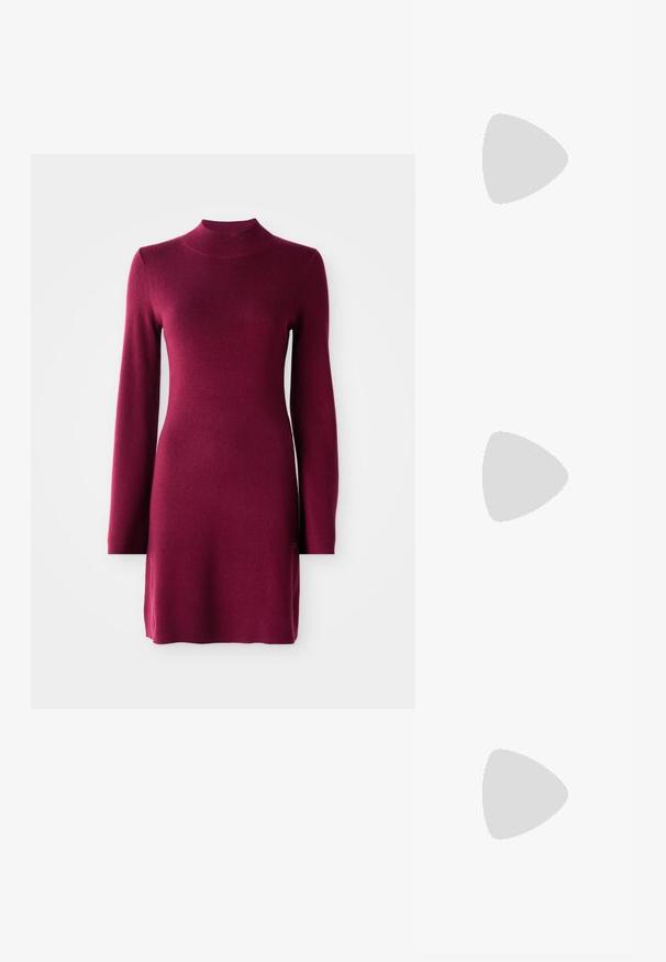 Pikkade varrukate ja kehakujulise burgundia värvi kudum dress, millel on valetikk ja sirge alläärega, siledal taustal.; Pruun suede pahkluu saabas ümmarguse varbaga ja korduvate tekstuuritega kontsaga. Sile välimus ilma nähtavate sulgude või kaunistusteta.; Pruunid kass silmadega päikeseprillid tumedate läätsedega, paksude raamidega ja siledat tekstuuri, koos beeži bleiseri ja kuldsete rõngas kõrvarõngastega.; Pruun nahast õlalina, millel on struktureeritud kuju, magnetist klapiga sulgemine ja esiküljel metallne logo aksessuaar.