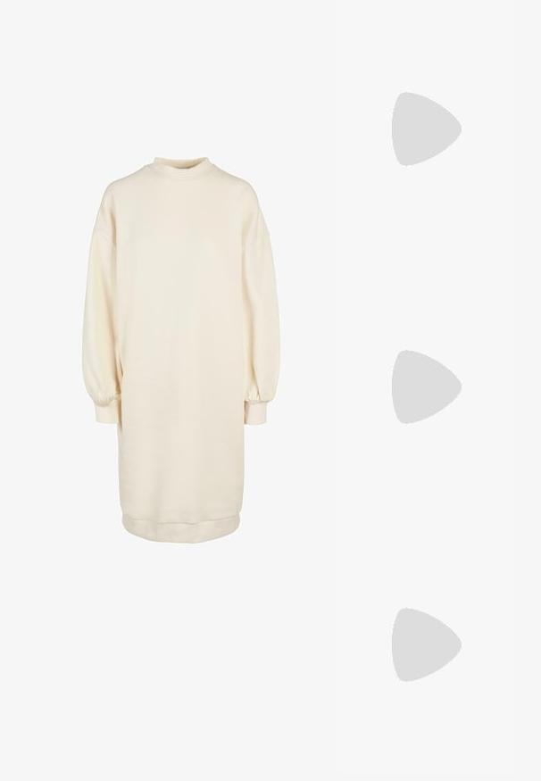 Kerge beež pullover kleit kõrge kaelusega, pikad puhvis varrukad, soonikkoes mansetid ja sirge siluett, valmistatud pehmest puuvillaseguste kangast.; Kuldne vegan nahast sandaalid kahe reguleeritava rihmaga, korgist sisetallaga ja tumeda kummipõhjaga. Sile tekstuur metallilise viimistlusega.; Ristkülikukujulised päikeseprillid, millel on kilpkonnamustriga plastraam, tumedad objektiivid ja hõbedased detailid külgedel. Valmistatud Itaalias.; Pruun naha rihmats, millel on logo muster, kuldne kett-riiul, tõmblukk ja kuldsetest detailidest aksessuaarid. Kompaktne ja ristkülikukujuline kuju.