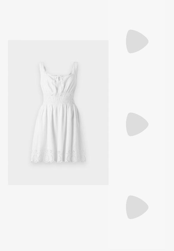 White cotton dress with a smocked bodice, square neckline, and adjustable straps. Features a scalloped hem with eyelet detailing.; White cotton t-shirt featuring a large, bright red lobster graphic on the front. Short sleeves and standard crew neck design.; White high-top canvas sneaker with black rubber sole, front rubber toe cap, and six eyelets for laces, featuring a clean, minimalist design.; Red leather handbag with an angular, geometric design. Features a single adjustable strap and a flap closure with stitched detailing.