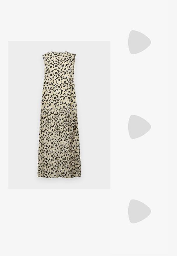 Sleeveless floral dress in cream and navy, featuring a bold flower pattern, loose fit, and knee-length design. Lightweight fabric texture.; White leather sneakers with a thick white sole, black suede heel accent, and embossed logo on the side. Laced design with six eyelets.; Black oversized sunglasses with a geometric shape, featuring dark lenses and a contrasting grey detail on the frame. Logo on the arm.; Silver hoop earrings with a smooth, shiny finish. Rounded shape, lightweight design, featuring a post-back closure.