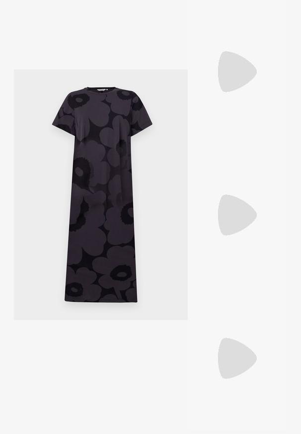 Short-sleeve, knee-length dress in dark gray with large black floral patterns. Made of soft fabric with a relaxed silhouette. Round neckline.; White leather sneakers with a thick white sole, black suede heel accent, and embossed logo on the side. Laced design with six eyelets.; Black oversized sunglasses with a geometric shape, featuring dark lenses and a contrasting grey detail on the frame. Logo on the arm.; Silver hoop earrings with a smooth, shiny finish. Rounded shape, lightweight design, featuring a post-back closure.