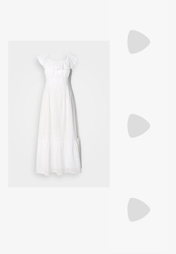 Bela midi obleka z naborkom okoli vratu, broderie anglaise teksturo, prilegajočim korpusom in plastenasto krilo z valovitim robom.; Črne natikače s trakovi in kvadratnim prstom ter nizkim blokastim peto. Imajo več tankih trakov in nastavljiv trak okoli gležnja. Narejene so iz gladkega usnja.; Črna usnjena torba čez ramo z gladko teksturo, ukrivljeno obliko, nastavljivim trakom in zadrgo. Minimalističen dizajn brez okrasnih detajlov.; Zlato obarvan prstan z gladkim, zvitim dizajnom. Ima polirano površino in zaobljene robove, kar ustvarja brezšivno, tekočo obliko.