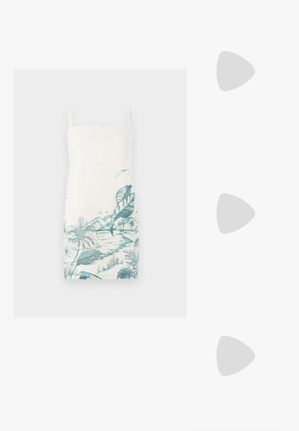 Sleeveless, cream dress with a turquoise botanical landscape print featuring leaves, mountains, and water, made of lightweight fabric.; Slingback sandals in white leather with multiple wide straps and silver buckles; flat sole with a small black heel and metallic accents.; Black rectangular sunglasses with dark lenses, glossy plastic frames, and gold accents on the temples. Minimalist design and sleek shape.; Yellow woven clutch wallet with a flap design, a detachable wrist strap, and a gold chain accent. Smooth texture and rectangular shape.; Gold hoop earrings with a smooth, shiny finish. Circular design featuring a small post and clear backing for secure wear.