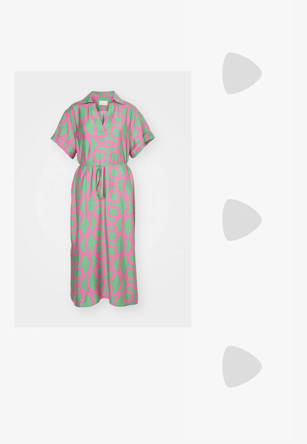 GANT MONOGRAM CAFTAN - Vardagsklänning - perky pink; Beige lackläder slingbackklackar med spetsig tå och 5 cm klack, med utskurna sidor och ett tunt ankelband.; Sköldpaddsformade solglasögon med avlånga ovala linser, brunt toning, guldfärgade logotypdetaljer på skalmarna och slanka svarta skaft.; Vit blommig handväska med en rynkad tygöverflata, guldfärgad kedjeslips och metallspänne. Har strukturerade blad för extra detalj.