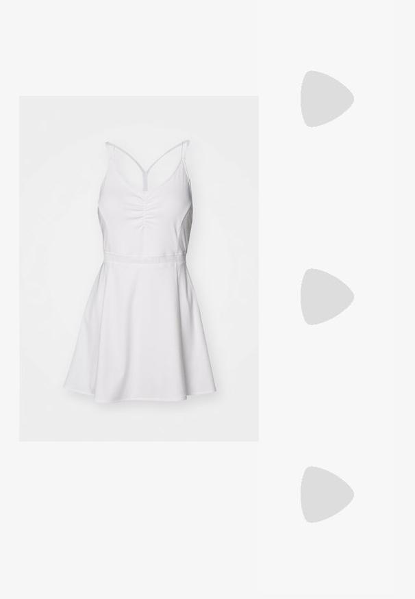 White dress with a fitted bodice, gathered front, and flared skirt. Features thin adjustable straps and a smooth texture.; PULL&BEAR Classic heels - black; Black leather handbag with a curved shape, detachable strap, and gold hardware. The bag features a flap with a buckle detail.; Gold-tone earrings featuring textured, wavy shapes. Includes sculptural clip-on studs and open hoop design with a hammered finish.