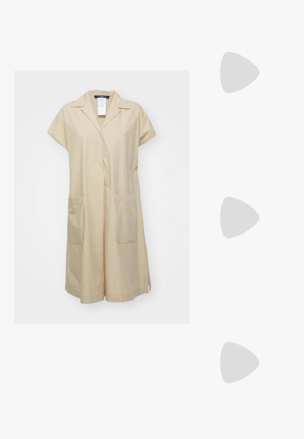 WEEKEND MaxMara BENNY - Skjortekjole - coloniale; Beige læder balletflade med afrundet tå, minimal sømdetaljering, lav hæl og subtilt logo på bagsiden. Glat, mat tekstur.; Skildpaddeskals-solbriller med ovale linser, brun nuance, og gyldne detaljer på stængerne. Kraftige rammer med en blank overflade og glat tekstur.; Sort læderhandtaske med en struktureret trapezform, guldfarvet spænde og kontrastfarvet hvid syning. Inkluderer et kort håndtag og en lang rem.