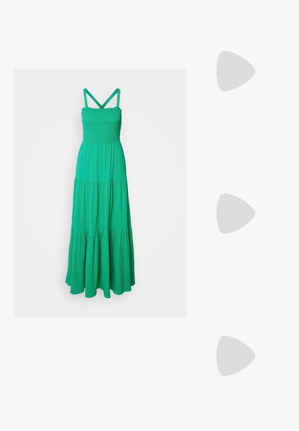 Scotch & Soda DRESS WITH SMOCK DETAIL - Robe longue - scuba green; Escarpins en cuir verni noir avec bout pointu et talon bloc géométrique. Présente un design élégant et minimaliste ainsi qu'une texture lisse.; Sac à main en cuir noir avec une forme courbée, bandoulière amovible et des accessoires en or. Le sac est doté d'un rabat avec un détail de boucle.; Boucles d'oreilles en argent, avec une finition lisse et polie. Forme ronde, design léger, avec un mécanisme de fermeture sécurisé.