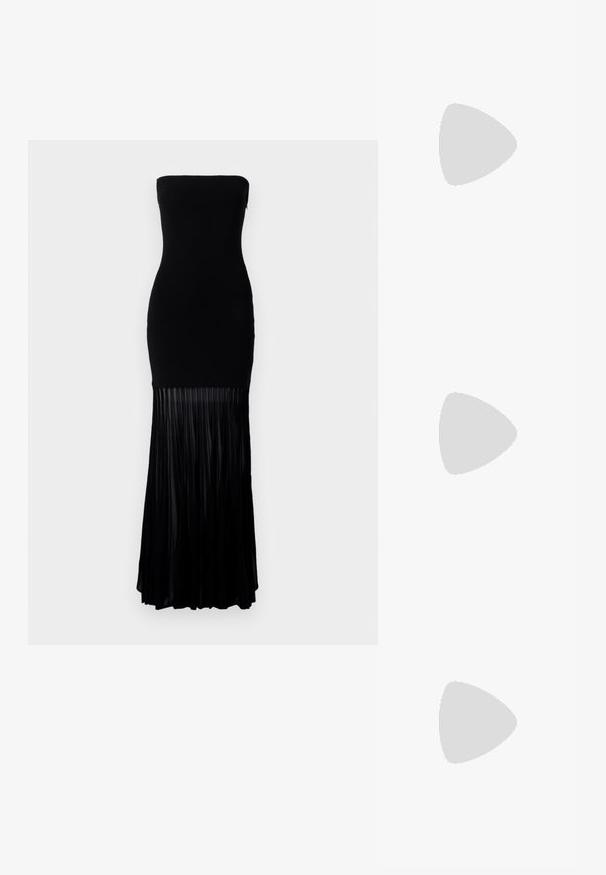 Black strapless dress with a fitted bodice and a flowing pleated skirt. Made from a smooth fabric, the lower half features vertical pleats.; Black patent slingback heel with a pointed toe, featuring textured snake print, adjustable strap, and a short, textured block heel.; Black leather crossbody bag with two front pockets, gold buckles, zipper closure, and a slim strap. Textured surface and compact rectangular shape.; Gold-tone metal hoop earrings with a curved, elongated shape. Features a smooth, shiny surface and a rounded tip for added detail.