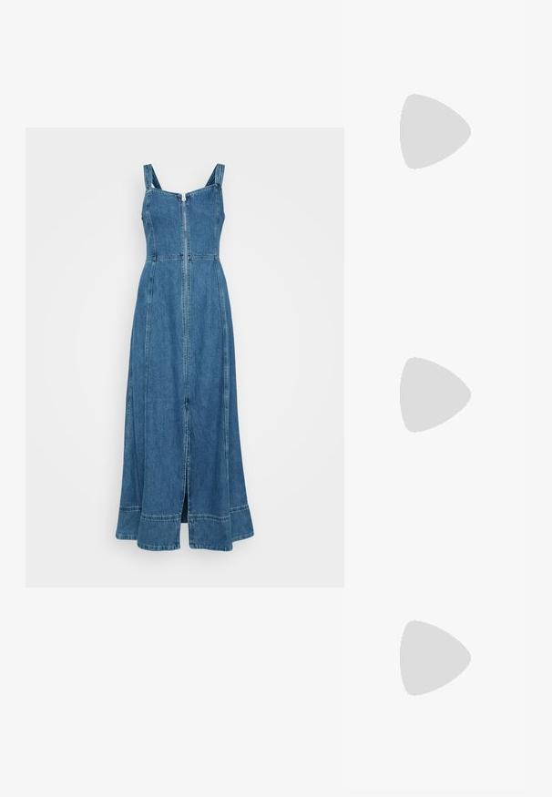 Denim-maksimekko, jossa on etuvetoketju, säädettävät olkaimet ja liehuva helma. Ominaisuuksiin kuuluvat näkyvät saumat ja keskipitkä sininen pesu.; Nike nilkkurit beigeillä yksityiskohdilla, mokkaa ja tekstiiliä yläosassa, pyöreä kärki, tasapohjainen kumipohja ja nauhallinen muotoilu.; Kellonmuotoiset aurinkolasit, joissa on läpinäkyvä vaaleankeltainen kehys ja ruskeat linssit. Ominaisuuksiin kuuluu sileä pinta ja hienovaraiset metalliosat sivuilla.; Hope-silver rengas, joissa on sileä ja kiillotettu pinta. Pyöreä muoto ja turvallinen napsautettava lukitus. Kevyt muotoilu sopii päivittäiseen käyttöön.