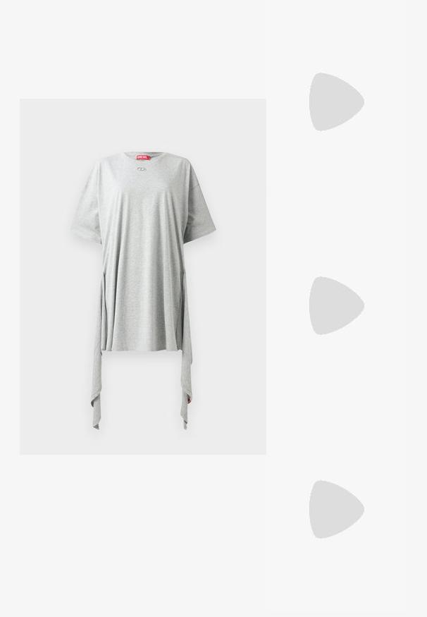 Gray t-shirt made of soft fabric featuring a crew neckline, short sleeves, side draping, and a small brand logo on the chest.; Black leather stiletto shoe with a pointed toe, open back, and ankle straps tied in a bow. Slim 3-inch heel. Smooth texture, minimalist design.; Light gray metallic handbag featuring a chain strap, embellished with small circular metallic studs and a triangular brand logo.; Gold-tone twisted hoop earrings with a textured surface and secure hook closure, featuring a circular shape and a polished finish.