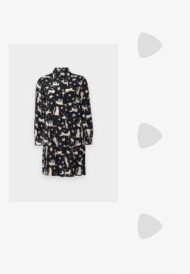 WEEKEND MaxMara LIBANO - Blousejurk - nero; Witte langemouwen overhemd van katoen. Heeft een knoopsluiting aan de voorkant, een puntige kraag en een borstzak aan de linkerkant.; Zwarte leren ballerina met een ronde neus, gladde textuur, minimale stikdetails en een flexibele zoolontwerp.; Zwarte leren handtas met een gebogen vorm, met een decoratief ontwerp aan de voorkant, een korte schouderband en accenten in goudkleurig beslag.