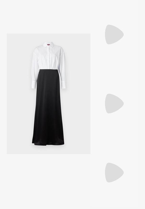 Camicia bianca con bottoni e maniche lunghe abbinata a una gonna maxi in raso nera, creando un design a due tonalità e a strati.; Slingback con tacco in vernice nera con punta affusolata, caratterizzato da una stampa a serpente testurizzata, cinturino regolabile e un tacco corto e testurizzato.; Borsa a tracolla nera in pelle con due tasche frontali, fibbie dorate, chiusura con zip e una tracolla sottile. Superficie texturizzata e forma rettangolare compatta.; Orecchini a perno in tono oro con design intrecciato. Ogni orecchino presenta uno sfondo circolare trasparente per una vestibilità sicura.