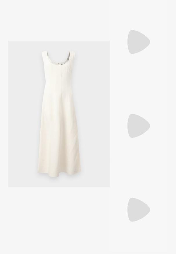 White sleeveless dress with a scoop neckline, fitted bodice, and flowing skirt. Features vertical seams and a concealed zipper at the back.; White high-heel pump with a pointed toe, covered in a fine glitter texture. Silver metallic heel accent adds contrast. Elegant design.; Gold crumpled-texture handbag with a rectangular shape, featuring a chain strap and a clasp closure on top. Smooth, shiny finish.; Pair of irregular oval-shaped gold-toned metal earrings with a textured, slightly hammered surface on a white background.