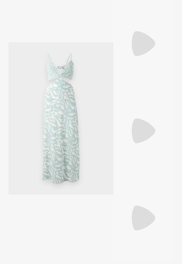 Mėtų žalia maksi suknelė su mazguota liemenėle, kuri turi abstraktų baltą raštą visoje suknelėje ir plonus reguliuojamus petnešėles.; Juoda blizgi lakuota basutė su kvadratiniu pirštu, kulkšnies dirželiais ir sidabro sagtimis. Yra tvirta blokinė kulno konstrukcija, užtikrinanti stabilumą.; Rudos aukso dėklai su ovaliais lęšiais, plonomis kojelėmis ir skaidriais akcentais. Ant šventyklos yra subtilus logotipas. Plonas, lengvas dizainas.; Juodas odinis krepšys su išlenkta forma, nuimamu dirželiu ir auksiniais detalėmis. Krepšys turi kilpą su sagtimi.