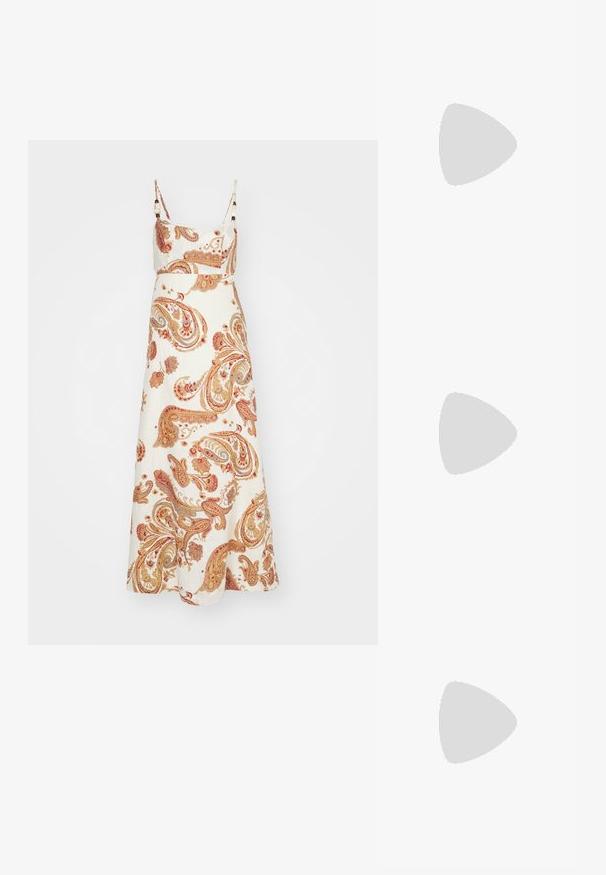 Faithfull the brand REGINA MIDI DRESS - Kasdienė suknelė - off-white/beige; Juodas odinis kulkšninis batas su masyviu padu, turintis kelias juostas ir auksinius aksesuarus. Lygi tekstūra, tvirtas dizainas.; Le Specs TEMPTRESS - Akiniai nuo saulės - bright gold-coloured; Ruda ir geltona audinio rankinė, turinti stačiakampį formą, dvi rankenas ir tekstūruotą paviršių su matomais siūlėmis bei prekių ženklu.