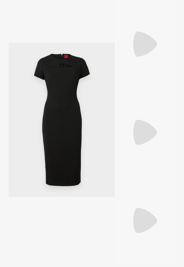 Svart, tettsittende kjole med korte ermer, har en utskjæring under utringningen og en skjult glidelås bak. Laget av elastisk stoff.; Sorte patentlær slingback-sko med spiss tå, detaljer i sølv og lav blokkheel. Glatt, skinnende tekstur gjennom hele.; Svart lær crossbody-veske med glatt tekstur, rektangulær form og metallkjede detaljer på framsiden. Justerbar stroppe inkludert.; Sølv dråpeøreringer med firkantet studs, med en glatt, polert overflate og en tåreformet design som reflekterer lys med en blank overflate.